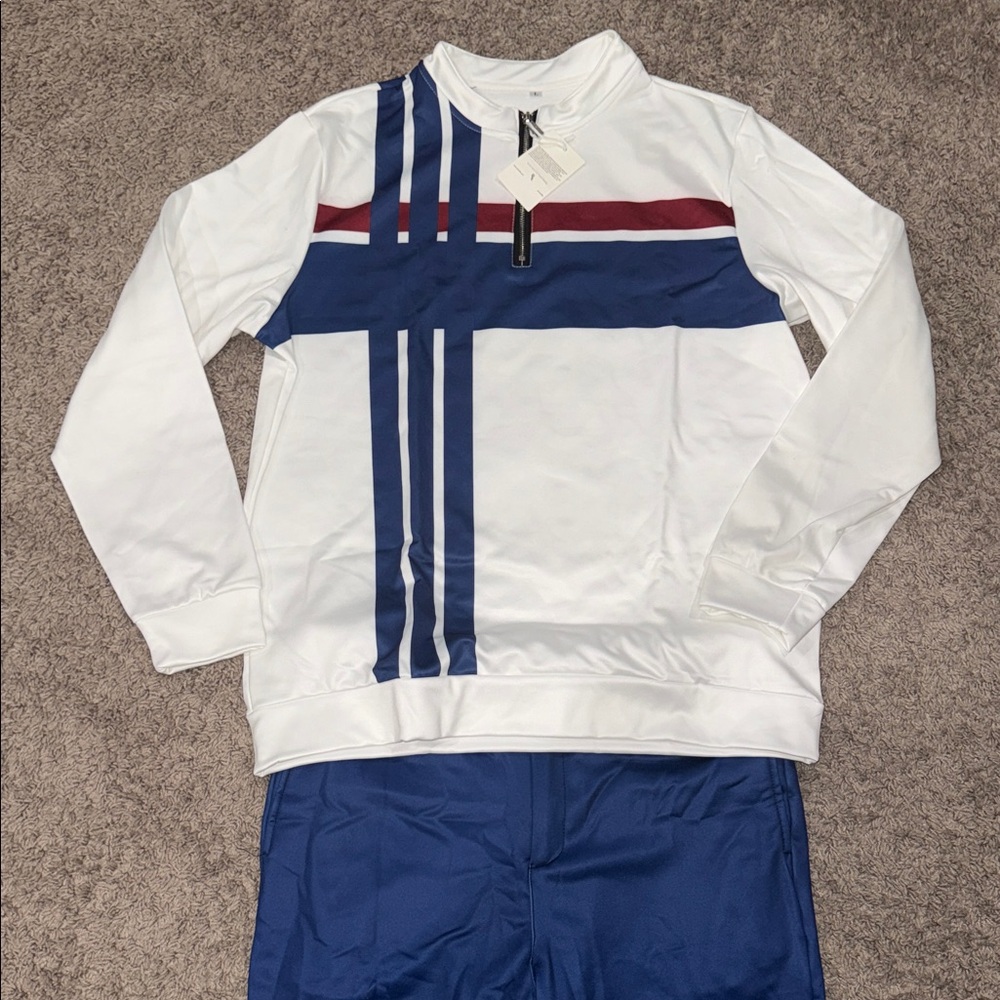 White and Blue Striped Tracksuit